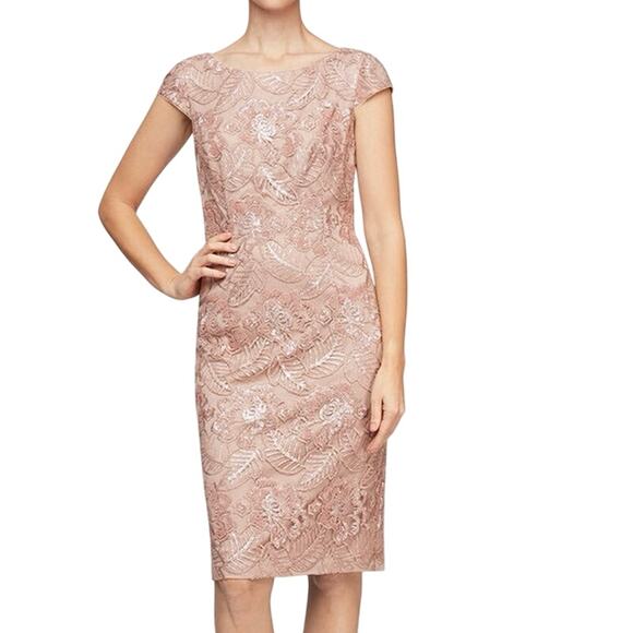 ALEX EVENINGS Short Embroidered Sequin Lace Cocktail Dress Rose Gold - Sz 4 NWT - Picture 1 of 9